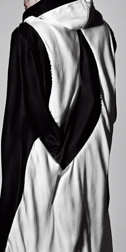 Prompt: ASYMMETRICAL ivory silk hooded top dip-dyed gradient black and ivory with spiky black metal graphic, straitjacket straps and industrial hardware, designed by ann demeulemeester, junya watanabe, jun takahashi, and nancy grossman, 8k, hyperrealistic, desaturated