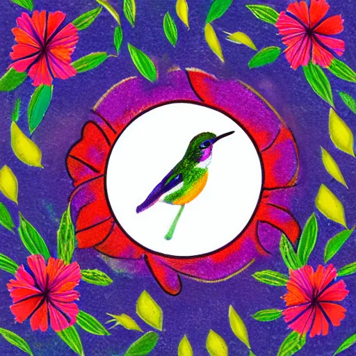 Prompt: kolibri illustration, crayon style, colorful, leaves, hibiscus flower, within a circle with good contrast to the kolibri, tips of wings breaking out of circle boundary, hidden text within outlines saying K.O.L.I.B.R.I