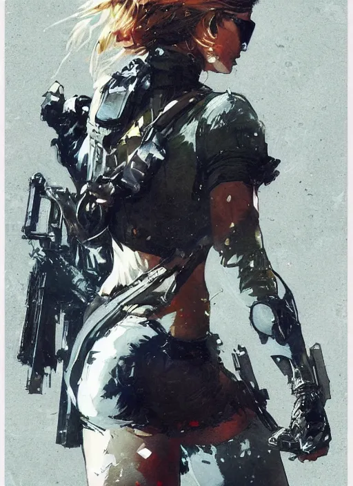 Image similar to Margot Robbie wearing metal gear armor holding gun dramatic lighting art by Richard Schmid by Hokusai by Yoji Shinkawa by greg rutkowski by Sandra Chevrier cinematic dramatic