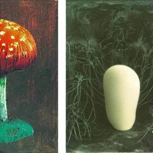 Image similar to jesus christ and an amanita mushroom painted by cy twombly and andy warhol