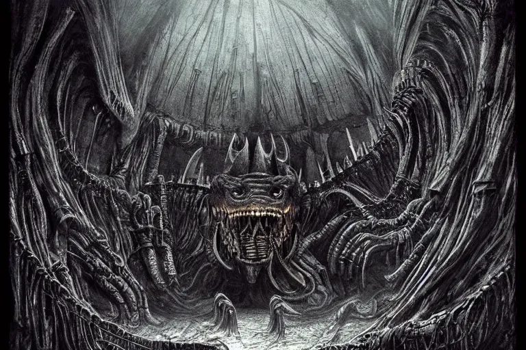 Prompt: a balrog lurking in moria, style of h. r. giger, many columns, mines of moria from the lord of the rings in the style of h. r. giger, directed by ridley scott, dark, cinematic, highly detailed, very realistic, photorealistic, filmed, cinemascope