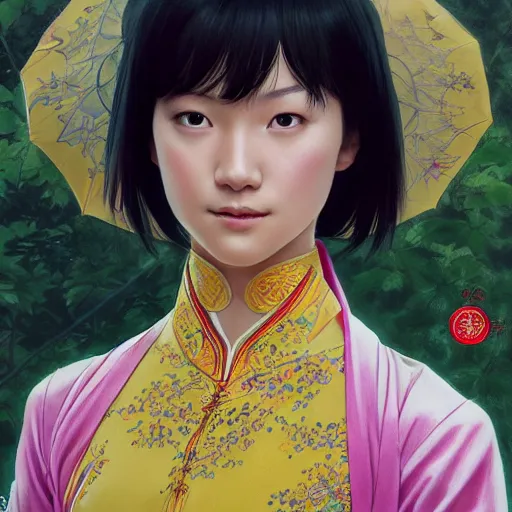 Prompt: cassandra cain wearing an ao dai, realistic shaded, pleasant face, fine details, medium shot, portrait, realistic shaded lighting poster by greg rutkowski, artgerm, kyoto animation and alphonse mucha