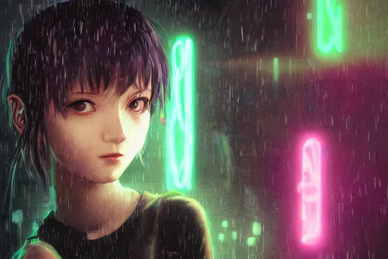 Image similar to an epic fantasy comic book style portrait painting of an extremely cute and adorable very beautiful cyberpunk lain ( serial experiments lain ) in the rain, neon reflections, character design by mark ryden and pixar and hayao miyazaki, unreal 5, daz, hyperrealistic, octane render, cosplay, rpg portrait, dynamic lighting, intricate detail, cinematic