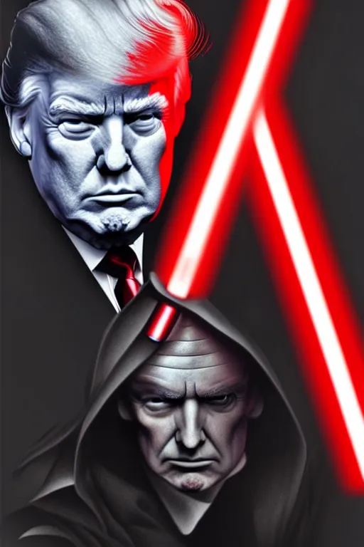 Prompt: Donald Trump as a Sith from Star Wars, red light saber, realistic portrait, symmetrical, highly detailed, digital painting, sharp focus, cinematic lighting