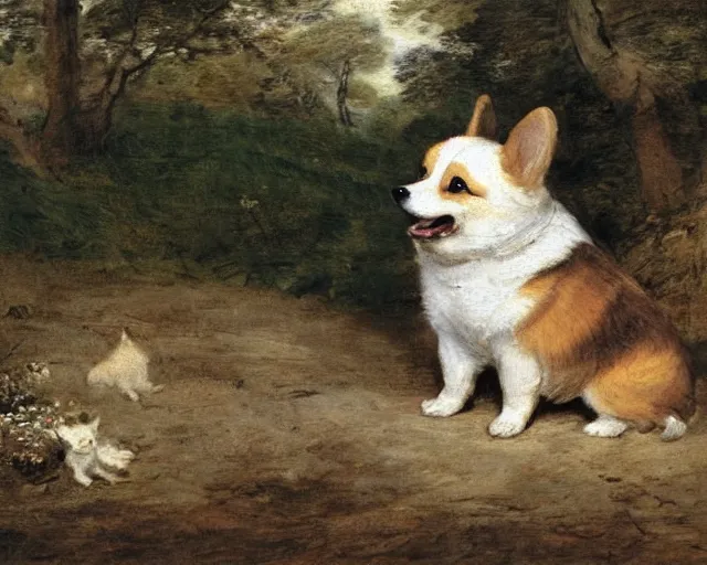 Image similar to A happy Corgi in nature, by Jean-Baptiste Oudry, by Beatrix Potter, by frank weston benson