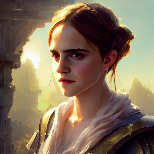 Image similar to highly detailed painting of emma watson wearing a knight armor, stephen bliss, 8 k, by greg rutkowski, loish, rhads, artgerm, ferdinand knab, makoto shinkai and lois van baarle, ilya kuvshinov, rossdraws, global illumination, radiant light, detailed and intricate environment