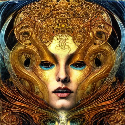 Image similar to Divine Chaos Engine by Karol Bak, Jean Deville, Gustav Klimt, and Vincent Van Gogh, celestial, visionary, sacred, fractal structures, ornate realistic gilded medieval icon, spirals