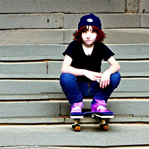 Image similar to skater girl sitting on steps by scott pilgrim, by bryan lee o'malley