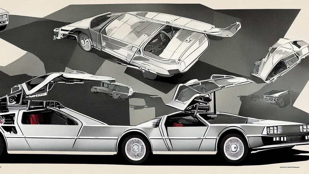 Image similar to 1955 DeLorean as designed by Ford concept by Syd Mead, catalog print