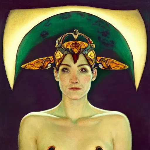 Image similar to the moth crown, by Annie Swynnerton and Nicholas Roerich, bioluminescent skin, tattoos, elaborate costume, geometric ornament, symbolist, smooth, sharp focus, extremely detailed, featured on Artstation, unreal engine