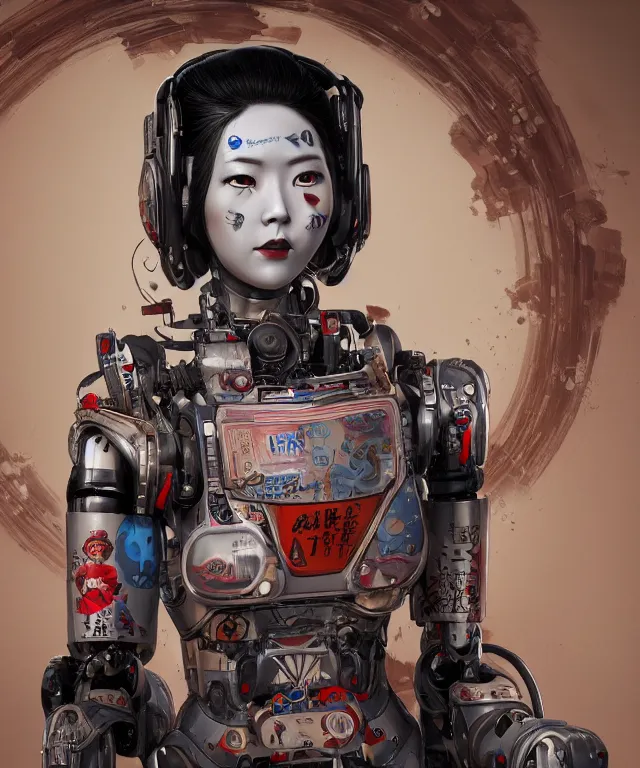 Image similar to an epic fantastic realism comic book style portrait painting of a japanese robotic geisha with kanji tattoos and decals, apex legends, octane render, intricate detail, 4 k hd, unreal engine 5, ex machina, irobot