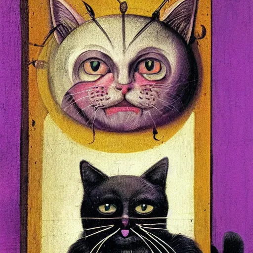 Prompt: portrait of the cat of cheshire bosch with pink and purple stripes and a malicious smile by hieronymus bosch. oil on wood