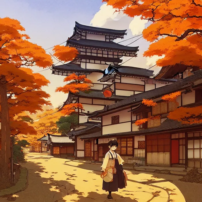 Image similar to japanese rural town, autumn, in the style of studio ghibli, j. c. leyendecker, greg rutkowski, artem