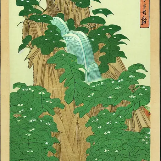 Prompt: fantasy scientific botanical illustration of a green leafy plant that grows like a waterfall ,Ukiyo-e, isometric view, mexican muralism