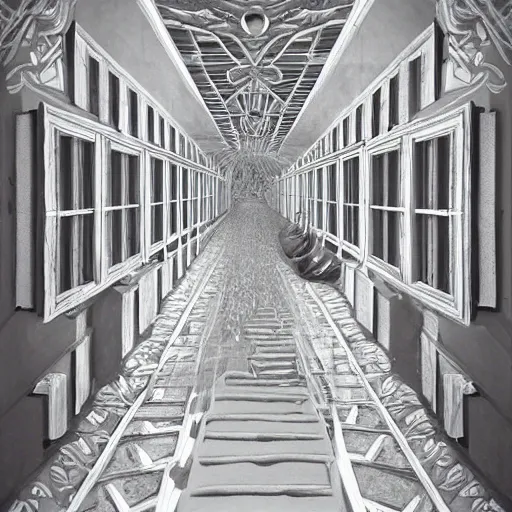 Image similar to a flood of slime in a bright white hallway with many doors and many stairs, Mc Escher architecture, epic composition, cgsociety, hyperdetailed, 8k