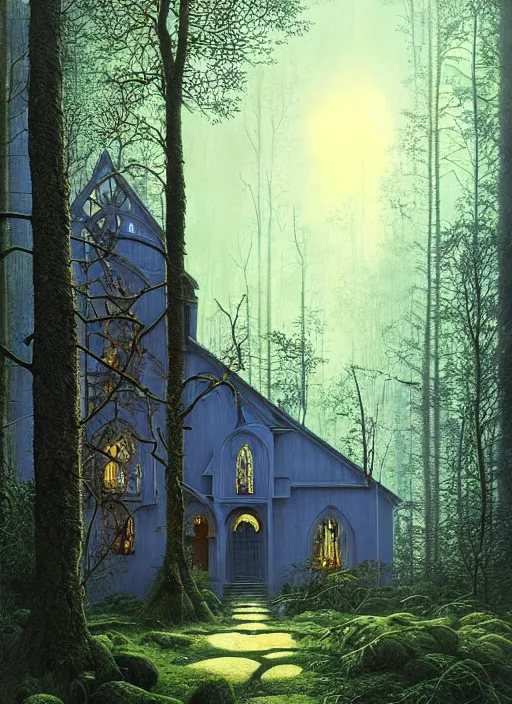 Image similar to hyper realistic witchy modern gothic house with mood lighting and tech in the woods gorgeous lighting, sunbeams blue sky, highly detailed, lush forest foliage painting by zdzisław beksinski and norman rockwell and greg rutkowski weta studio, and lucasfilm