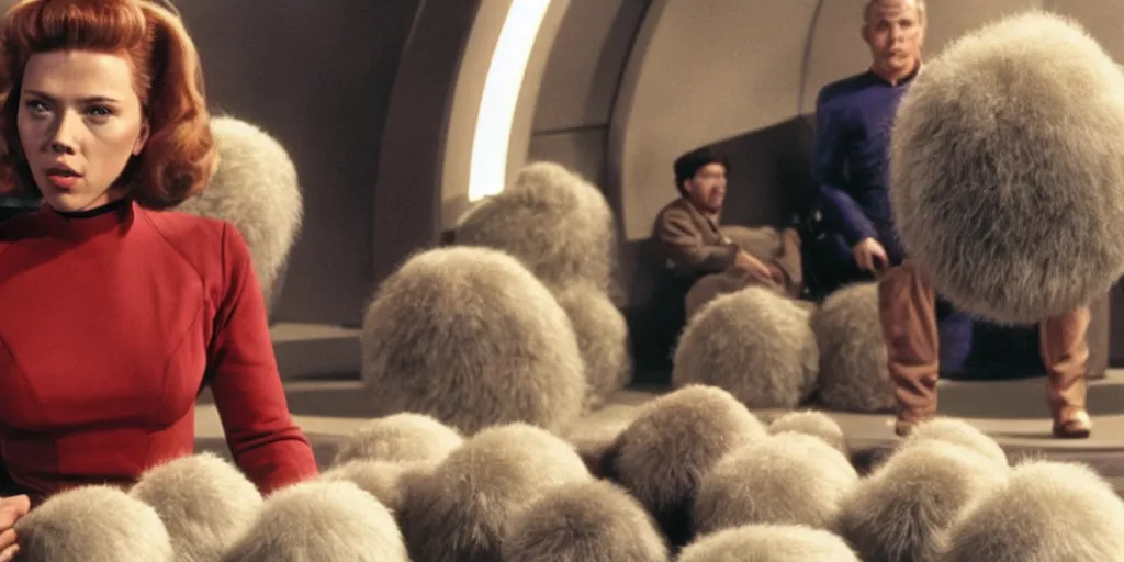 Image similar to Scarlett Johansson and Tribbles in a scene from Star Trek the original series