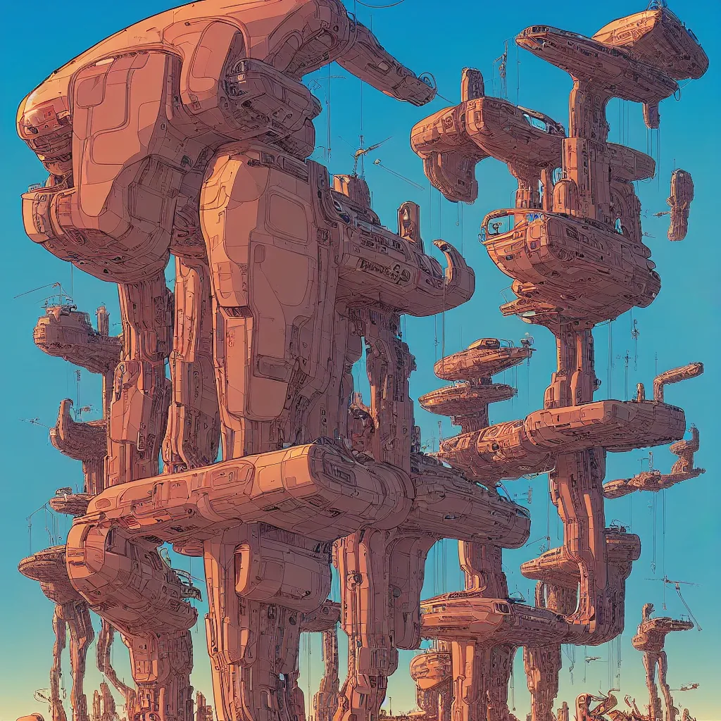 Prompt: a illustration of giants cyborgs building futuristic house, fine art, intrincate, by moebius, jean giraud & kilian eng