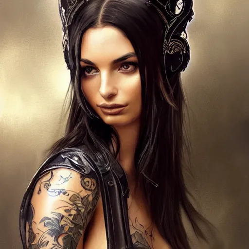 Image similar to an attractive young tattooed female wearing an black ornate metallic helmet, emily ratajkowski, olive skin, long dark hair, beautiful bone structure, intricate, elegant, highly detailed, digital painting, artstation, concept art, smooth, sharp focus, illustration, art by artgerm and greg rutkowski and alphonse mucha