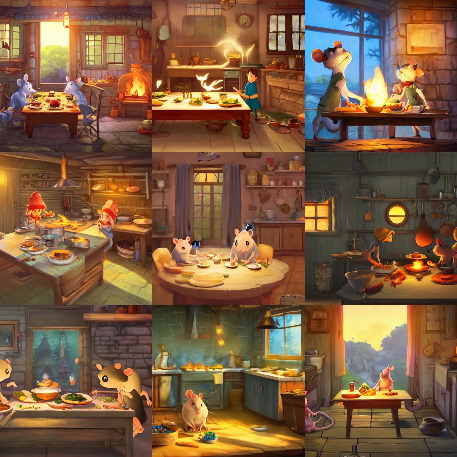 Prompt: cottagecore illustration of rats cooking tasty dinner in French kitchen, studio Ghibli, Pixar and Disney animation, sharp, rendered in Unreal Engine 5, anime key art by Loish Van Baarle, dramatic, lighting, bloom, sunrise