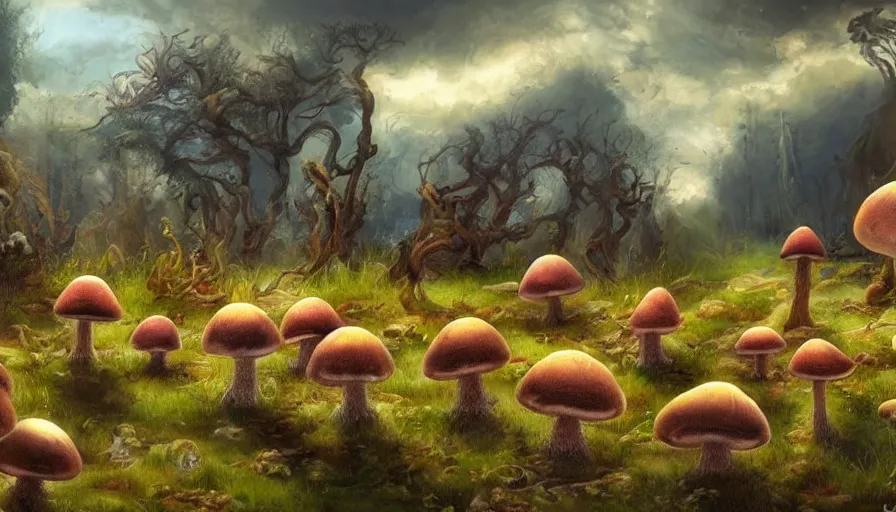 Image similar to a society of many different sentient mushrooms, landscape painting, fantasy, surrealism, plants and nature, warm lighting