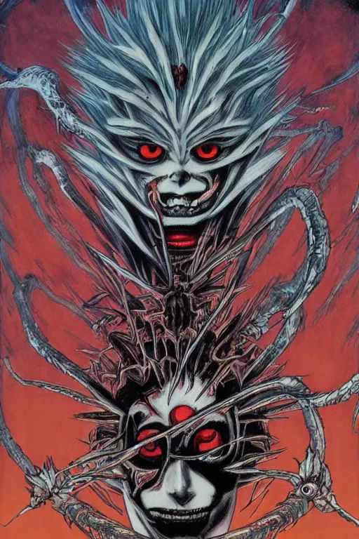 Image similar to Anime Character ryuk in the center giygas epcotinside a space station eye of providence Beksinski Finnian vivid HR Giger to eye hellscape mind character Environmental