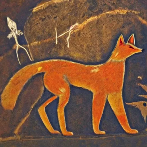 Prompt: neolithic cave painting of a half-fox warrior. strong and powerful anthropomorphic fox. gorgeous eyes. Bipedal foxman holding spear. carvings, cave scratches in cave wall. art by homo erectus. earthen colors