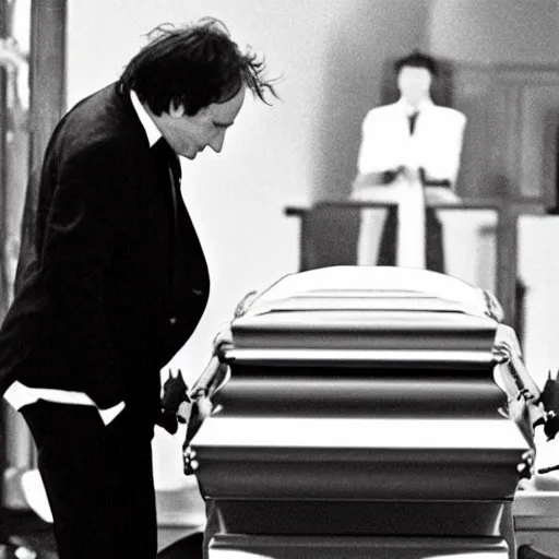 Prompt: a photo of quentin tarantino in a funeral in midday