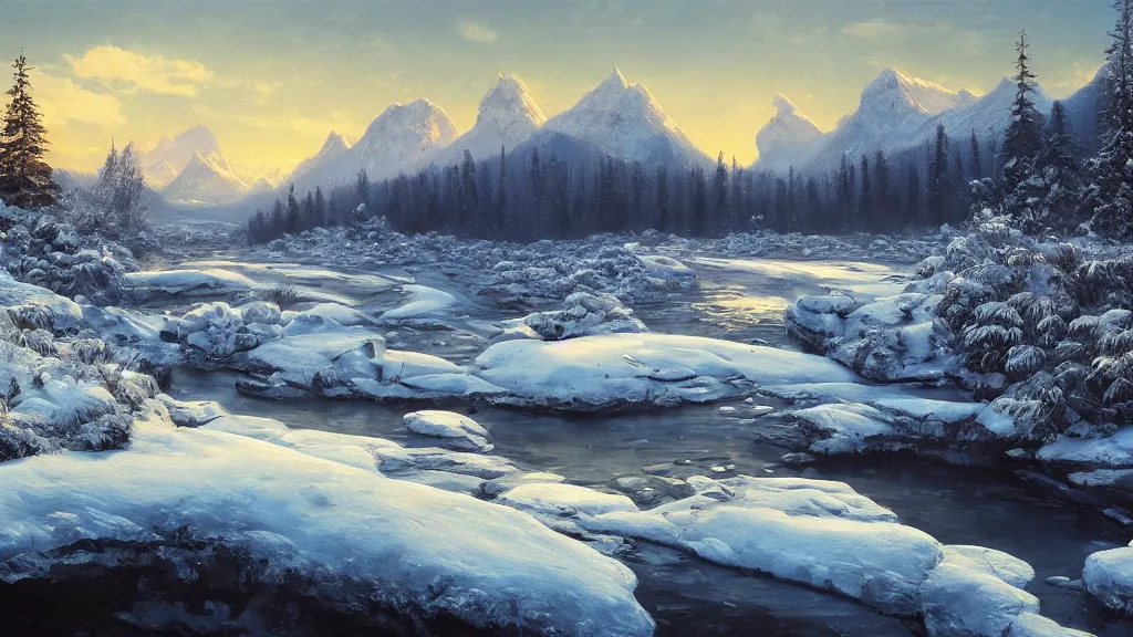 Image similar to the most beautiful panoramic landscape, oil painting, snowy mountains and a frozen river, clouds, cinematic lighting, highly detailed, very realistic