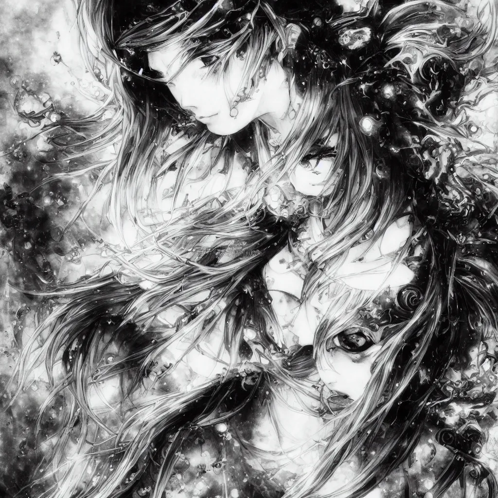 Image similar to Yoshitaka Amano blurred and dreamy illustration of an anime girl with pirate eye patch, wavy white hair and cracks on her face wearing Elden ring armour with the cape fluttering in the wind, abstract black and white patterns on the background, noisy film grain effect, highly detailed, Renaissance oil painting, weird portrait angle