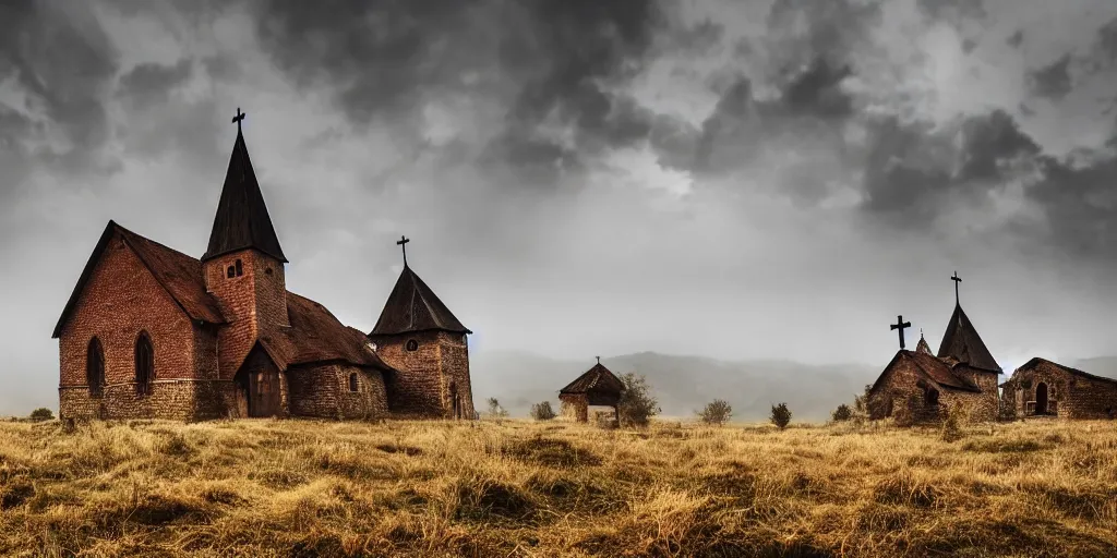 Prompt: artwork of small village church in rural Transylvania, wooden rundown church, arid land with barren vegetation, stone castle in far background, fog, volumetric lightning, digital artwork, realistic, atmospheric, 8k, gloomy,