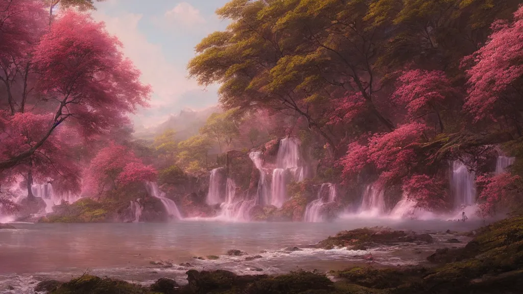 Image similar to the most beautiful panoramic landscape, oil painting, where a giant dreamy waterfall creates a river, the trees around are starting to bloom in pink color, by greg rutkowski