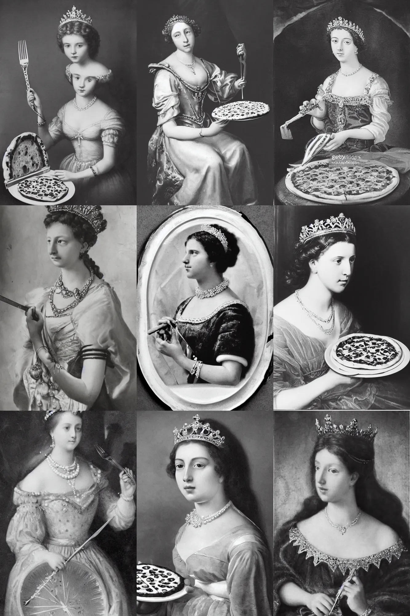 Prompt: a historical photo of young beautiful queen margherita of italy, eating a pizza margherita with a long fork, intricate detailed tiara, pearl necklace, large cornicione, black and white photo, smooth lighting, masterpiece, perfect symmetry