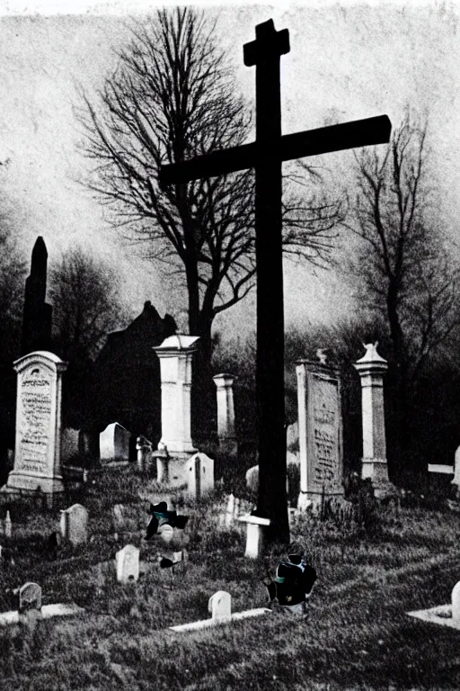 Image similar to Black and white camera obscura image of creepy cemetery, 1910s paris, crow, scary, horror, dark mood