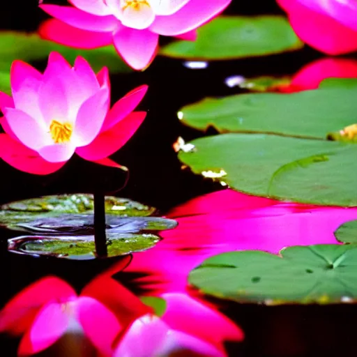 Image similar to 35mm photograph, kodachrome 160, beautiful Baroque rococo detailed Canon DSLR from 1800s, lotus blossom reflected in still water, bokeh,