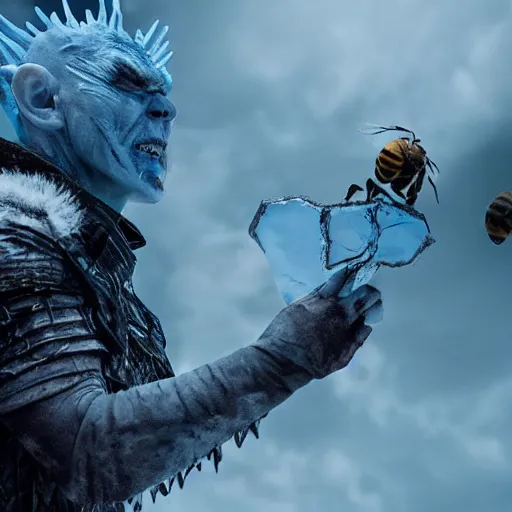 Image similar to justin sun as night king versus huge bee, 4 k, epic, cinematic, focus, movie still, fantasy, extreme detail, atmospheric, dark colour, sharp focus