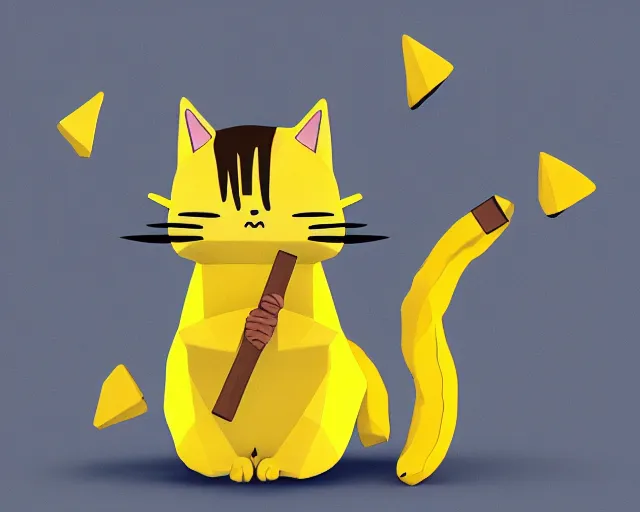 Image similar to a banana with a face of a cat and sticks as hands and legs, polygonal, high resolution, kawaii, cute, sharp focus, artstyle of anime