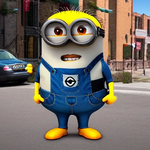 Image similar to minion guy fierri walking the streets of flavortown, photorealistic