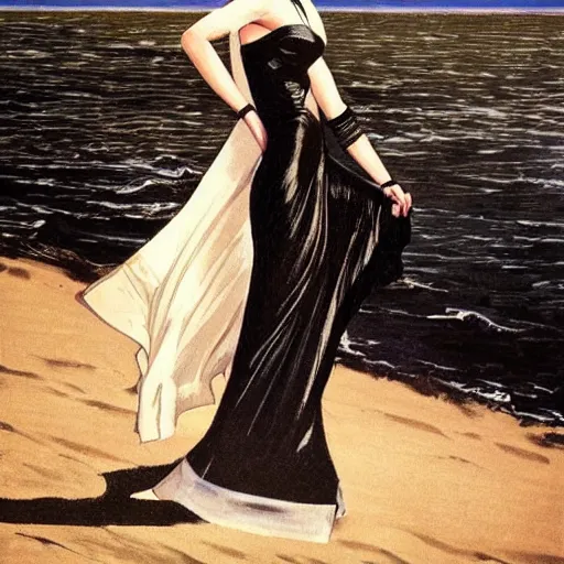 Image similar to woman in black dress in the middle of the beach, fashion art, leyendecker style