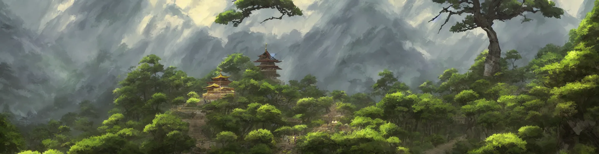 Image similar to one pagoda with a path surrounded by mountains, stormy weather. Pandas in a bamboo forest. Makoto Shinkai, anime, trending on ArtStation, digital art.
