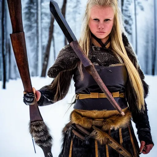 Image similar to photo of a real-life beautiful nordic female warrior, highly detailed