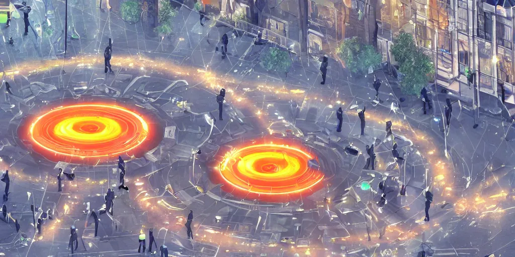 Image similar to policemen protecting a huge orange spiral - shaped bright white luminous attractor that is floating right in the center of the city from protesting people,, rain and light fog, professional lighting, concept art in 3 d, high detail, professional lighting, unreal engine