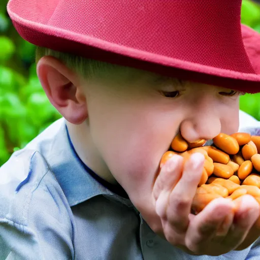 Image similar to stock photo of a small man eating heinz beans out of a bowler hat