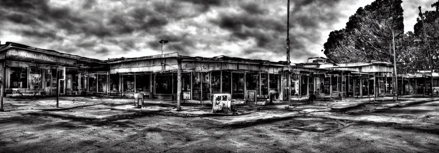 Image similar to Abandoned cafe on parking lot HDR cinematic noon detailed apocalyptic