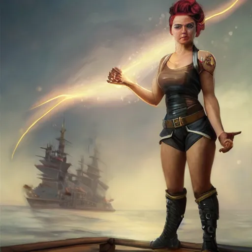 Image similar to beautiful muscular female gnome mechanic, casting lightning magic, short black pixie undercut hair, standing on ship deck, naval background, intricate, D&D, highly detailed, full body portrait, wide angle, digital painting, artstation, smooth, sharp focus, great composition, illustration, art by Greg Rutkowski, trending on artstation