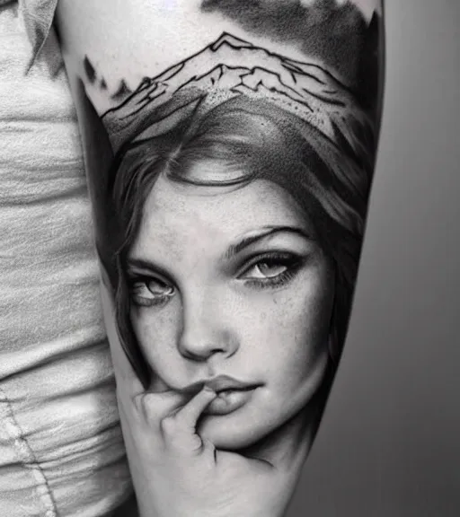 Image similar to a beautiful girl portrait, faded mountain background, realism tattoo, in the style of den yakovlev, black and white, hyper realistic, highly detailed