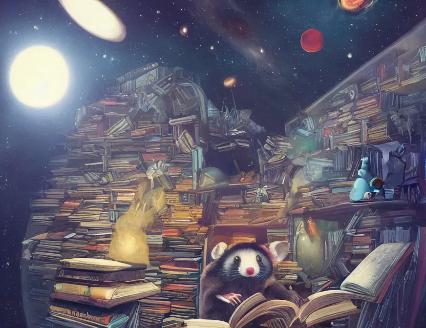 Prompt: student possum reading a book in a cluttered library inside a futuristic spacecraft with views of the universe, chris moore, trending on artstation