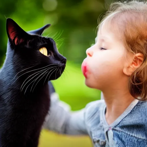 Image similar to a black cat standing on top of a child's face and licking them