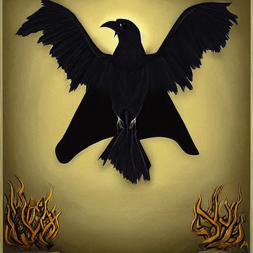 Image similar to portrait of a raven in a vantablack cloak and holding a symbolic weapon. portrait hung up in a windows 9 8 castle. r / oldschoolfantasy