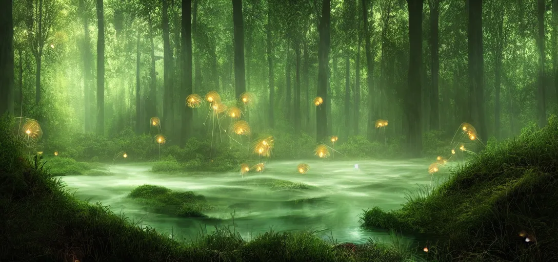 Image similar to beautiful view of a forest and a river, glowing dandelion seeds, fireflies, magical fairy dust, glowing water with caustics, mystical atmosphere, dappled light, reflections, light rays. refraction, symmetry, cinematic lighting, ultra detailed, sharp, ambient occlusion, bloom, raytracing, by dylan cole, sebastian meyer and jordan grimmer